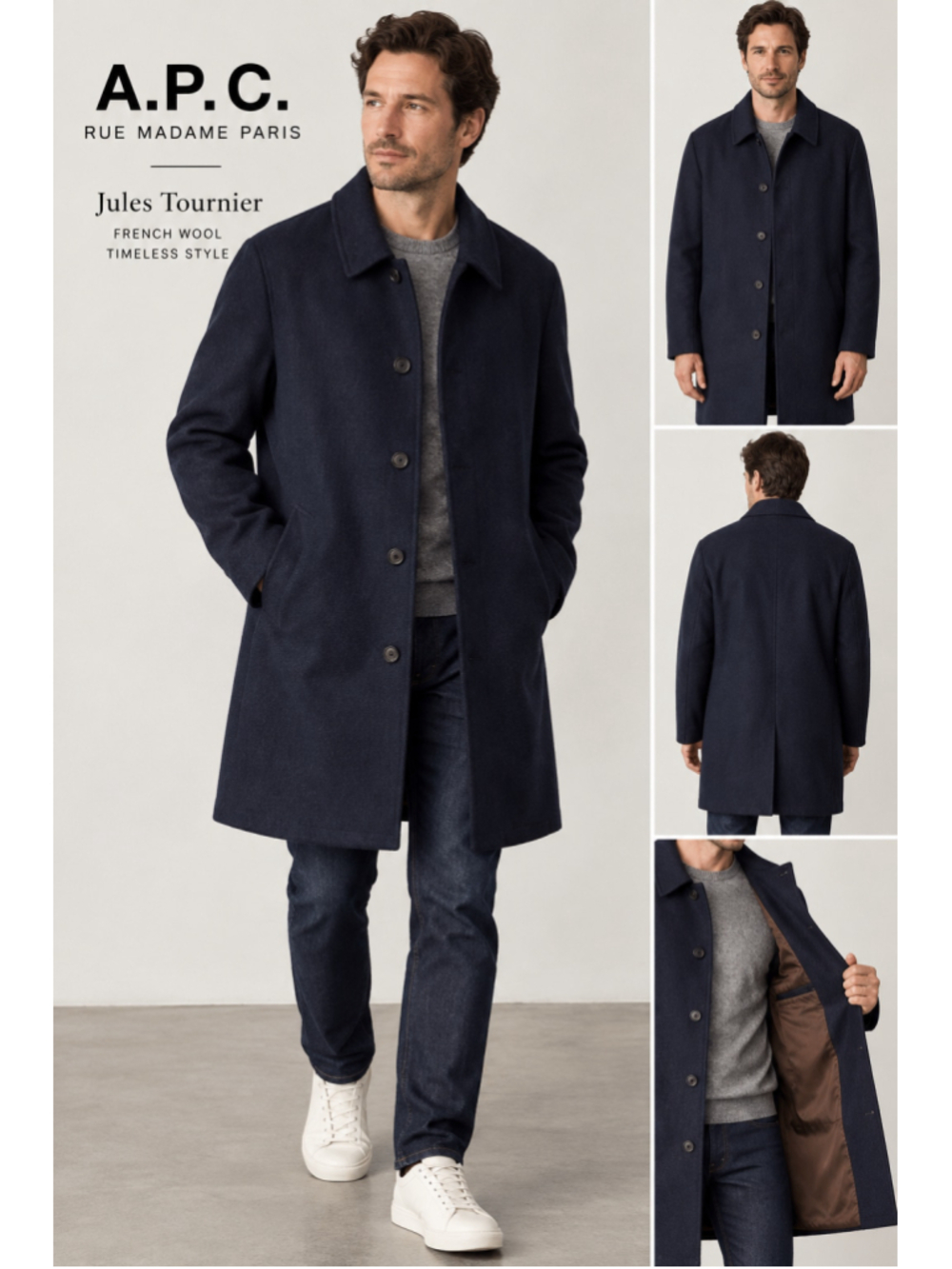 A.P.C. Jules Tournier Navy 100% Wool Mac Overcoat Men’s XL France Fabric